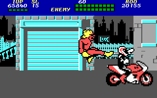 Bad Street Brawler (DOS) screenshot: Jump-kicking a biker