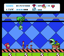 Don Doko Don 2 (NES) screenshot: Bub makes a cameo appearance in the toy factory