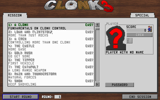 Clonk 3: Radikal (DOS) screenshot: Selecting a mission.