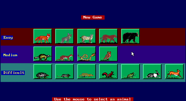 Animal Quest (DOS) screenshot: Species selection