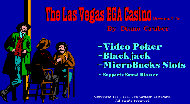 The Las Vegas EGA Casino (Version 2.0) (DOS) screenshot: An all-new title screen with a neat arrangement of "Ain't Misbehavin'"!