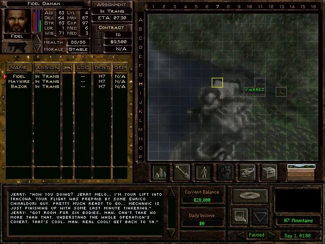 Jagged Alliance 2: Unfinished Business (Windows) screenshot: Map screen (where you can choose your mercenaries and define actions).