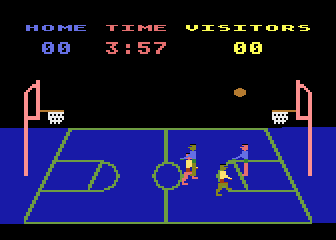Basketball (Atari 8-bit) screenshot: A game with four players of the court.