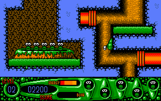 Steg the Slug (DOS) screenshot: Being a slug, I can do sluggy things like cling to walls with my mucousy underbelly. (Ew.)