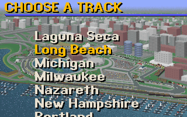 IndyCar Racing (DOS) screenshot: Track selection screen - many to choose from!