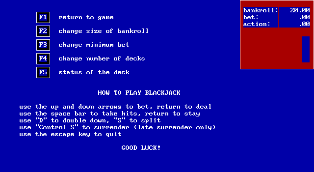 The Las Vegas EGA Casino (Version 2.0) (DOS) screenshot: Blackjack intro for all the newbies!