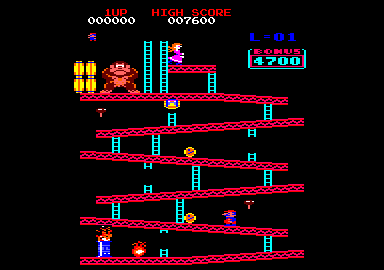 Donkey Kong (Amstrad CPC) screenshot: Running up the first level platforms...
