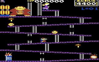 Donkey Kong (Commodore 64) screenshot: Climbing up the first level (US Version)