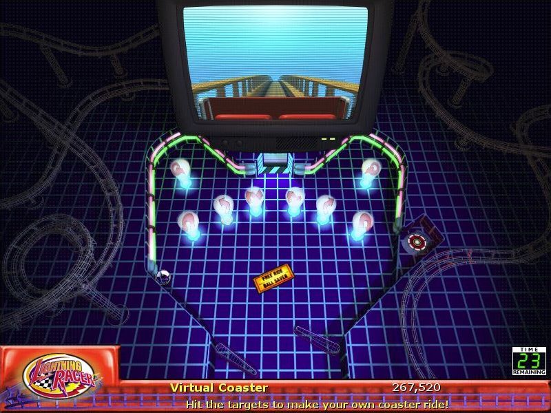 3-D Ultra Pinball: Thrillride (Windows) screenshot: The roller coaster feature means the player has to hit the lit targets. Its harder than it looks