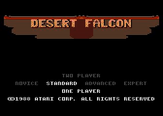 Desert Falcon (Atari 8-bit) screenshot: Title screen and main menu