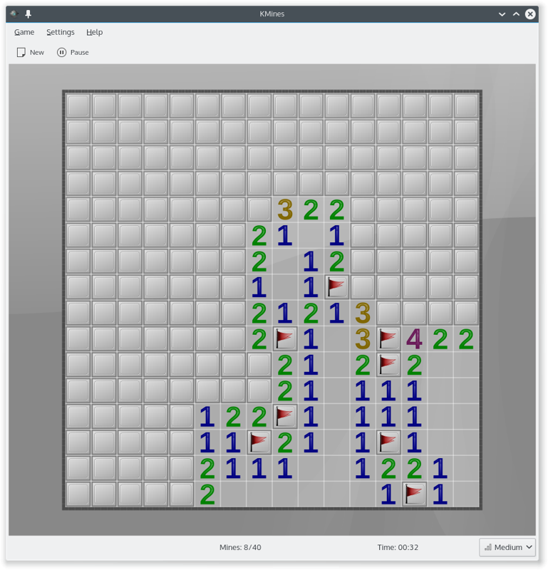 KMines (Linux) screenshot: Medium difficulty: much bigger board