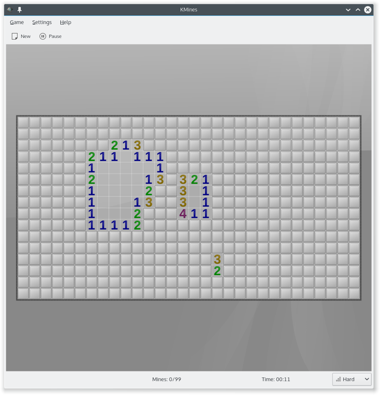 KMines (Linux) screenshot: Hard mode is played on an rectangular board.
