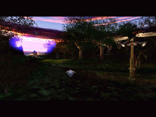 Zork: Grand Inquisitor (Windows) screenshot: Starting location. Beautiful colors on the sky... The direction arrow shows you where to go
