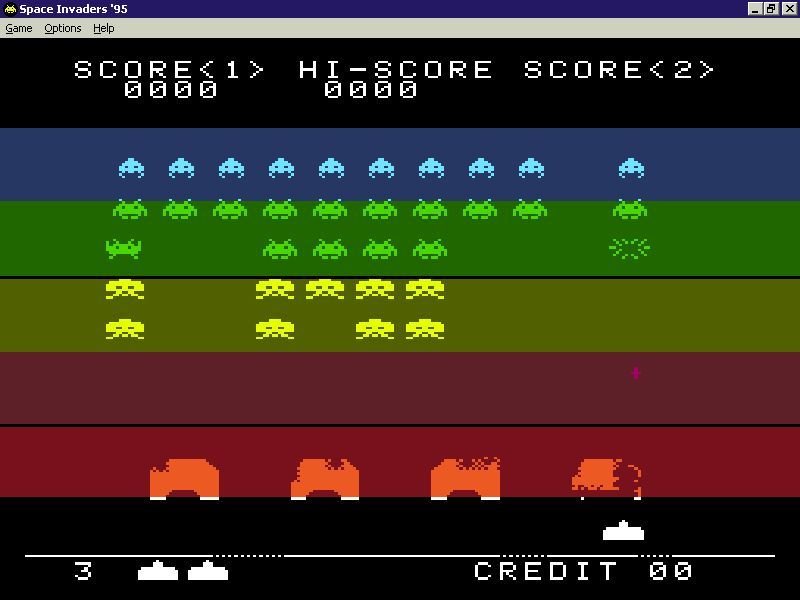 Arcade 2 Collection (Windows) screenshot: Space Invaders: The player can swap between display types, this is the cellophane version, via the function keys