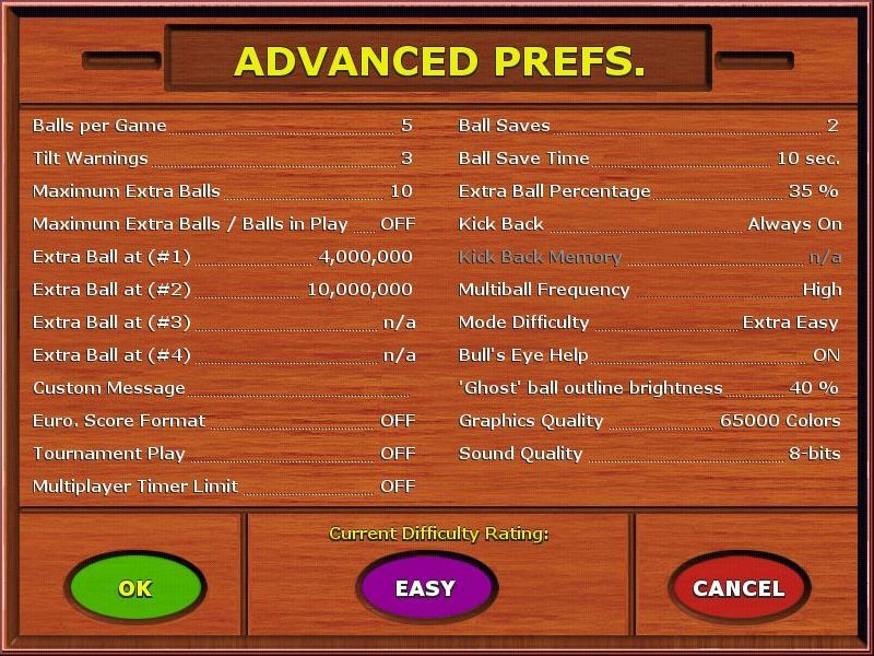 3-D Ultra Pinball: Thrillride (Windows) screenshot: The Advanced game configuration screen