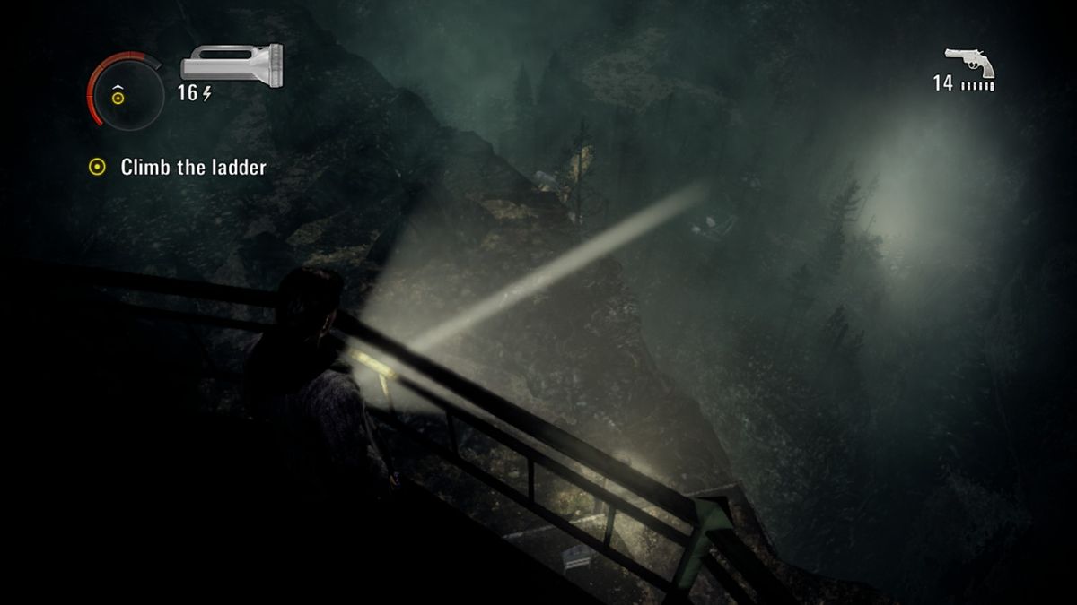 Alan Wake: The Writer (Xbox One) screenshot: View of the airplane wreckage from atop the lighthouse