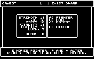 Wizardry V: Heart of the Maelstrom (Commodore 64) screenshot: Setting up characters