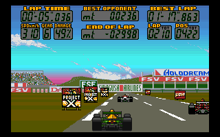 F17 Challenge (Amiga) screenshot: Portugal - trying to overrun two cars