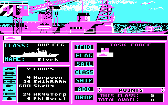 Strike Fleet (DOS) screenshot: Beginning a new game (CGA)