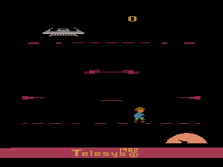 Cosmic Creeps (Atari 2600) screenshot: I need to protect the Cosmic Kid so he can reach the space station