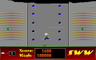 Spit Wad Willy (DOS) screenshot: Collecting the bonus left after popping the first big bubble, as its remains bounce off to the sides