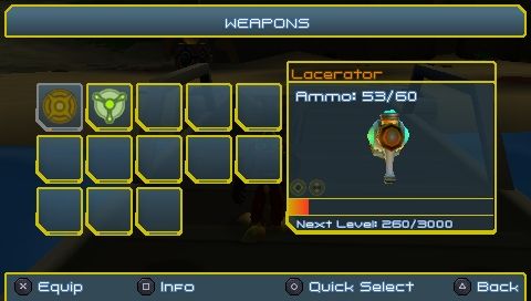 Ratchet & Clank: Size Matters (PSP) screenshot: Weapons list