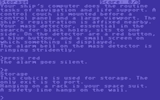 Starcross (Commodore 64) screenshot: In the storage, your space suit hanging there (version with blue color scheme)