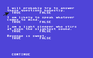 Alter Ego (Commodore 64) screenshot: If you choose to select your own personality, you are given a questionnaire to fill out