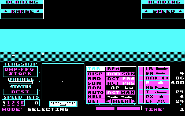 Strike Fleet (DOS) screenshot: The view from the bridge (CGA)