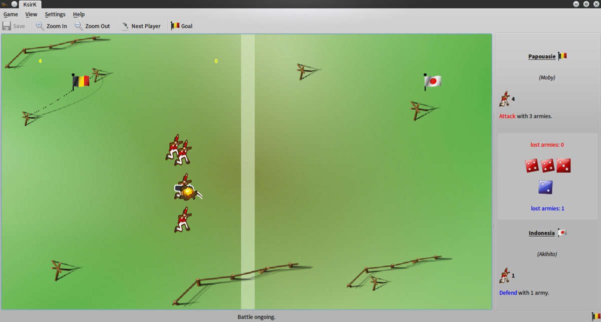 KsirK (Linux) screenshot: Fighting if optionally shown in an animated arena (but based on the dice rules of risk)