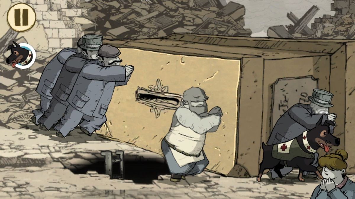 Valiant Hearts: The Great War (Android) screenshot: Emile with a help of local citizens are unblocking the underground passage