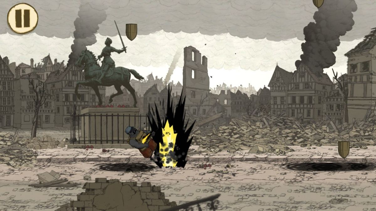 Valiant Hearts: The Great War (Android) screenshot: Freddie was hit by the bomb on the streets of French town