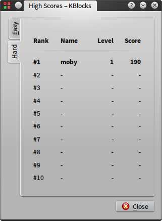 KBlocks (Linux) screenshot: High-scores are saved for each difficulty mode separately