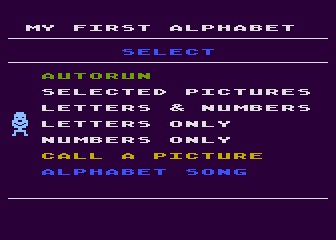 My First Alphabet (Atari 8-bit) screenshot: You have a different character at each choice.