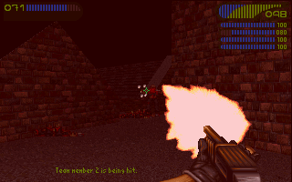 Last Rites (DOS) screenshot: Four blue bars in the right upper corner shows health condition of your teammates.