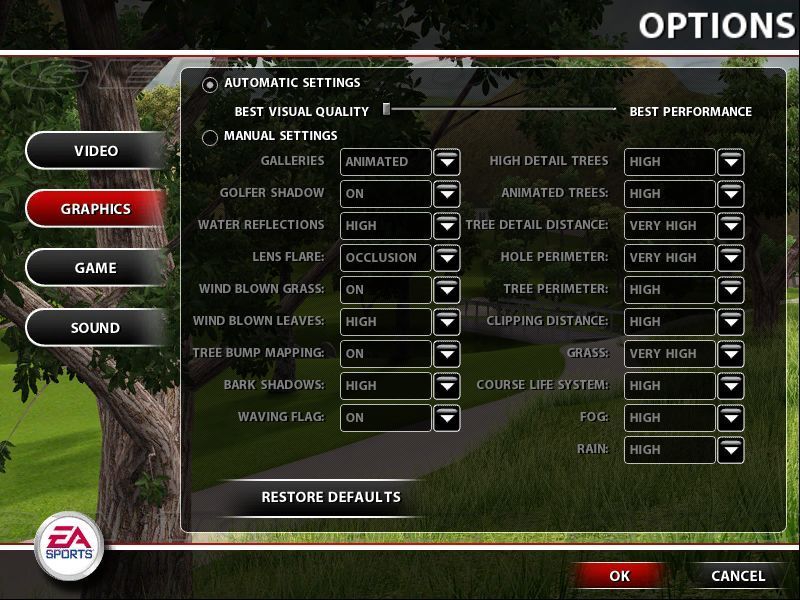 Tiger Woods PGA Tour 2005 (Windows) screenshot: The game has lots of configuration options to customise the look and feel. These options can also be accessed during the game