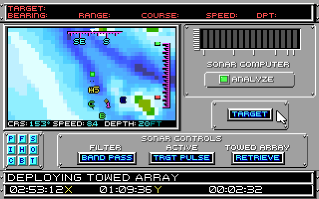 688 Attack Sub (DOS) screenshot: Overhead map and U.S. sonar controls