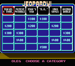 Jeopardy!: 25th Anniversary Edition (NES) screenshot: Choose your topic!