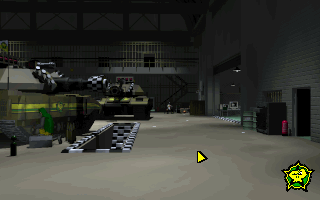 Shellshock (DOS) screenshot: The main hangar. From here you can walk to a basketball court, simulation room, workshop area or the briefing room.