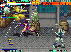 Sengoku 3 (Neo Geo) screenshot: Finishing off a combo with a double slash.