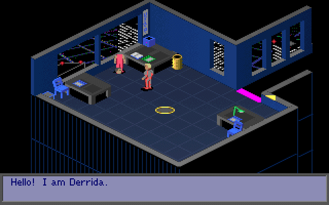 D/Generation (DOS) screenshot: Our hero finally encounters the mysterious Dr. Derrida... but something seems a little odd (could be the face his head is speaking despite being on the floor next to his body)