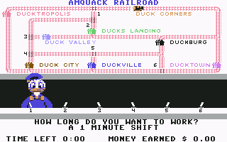 Donald Duck's Playground (Commodore 64) screenshot: Working at the switching station. How long will I work?