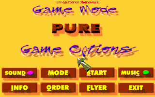 Pulse (DOS) screenshot: Main Menu (unregistered version)...Game mode is Pure only...