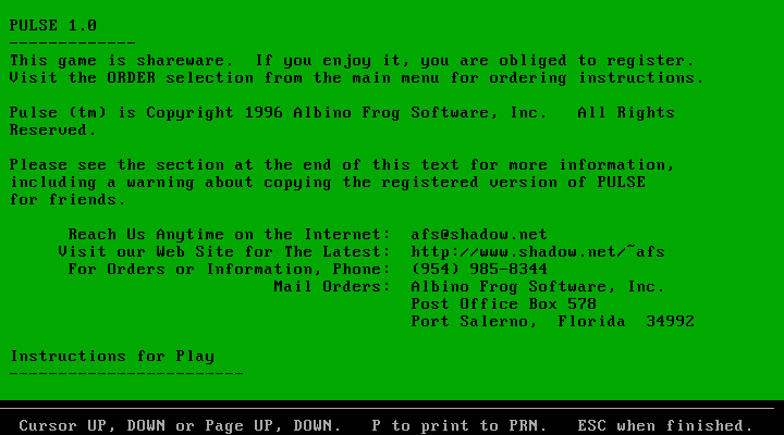 Pulse (DOS) screenshot: Part of Info/Order Information...