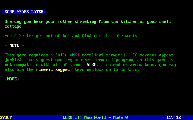 Legend of the Red Dragon II: New World (DOS) screenshot: The story begins. (If you have an ANSI-compliant terminal, that is.)