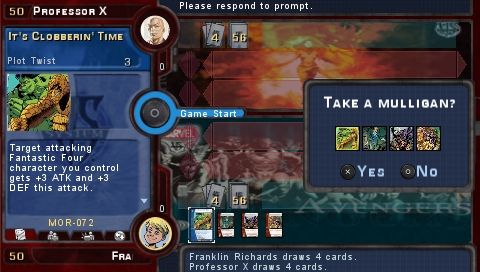 Marvel Trading Card Game (PSP) screenshot: At start of game you can exchange four first came cards for next 4 in deck that move called “taking a Milligan”