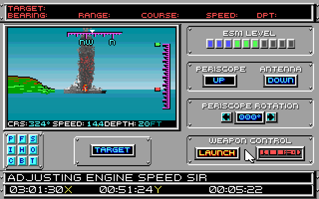 688 Attack Sub (DOS) screenshot: U.S. periscope view of a torpedoed ship