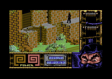 Ninja Remix (Commodore 64) screenshot: Level 1, "Central Park": The <i>Bō</i>.<br> In the C64 version, playing without weapons is not a very clever thing to do.