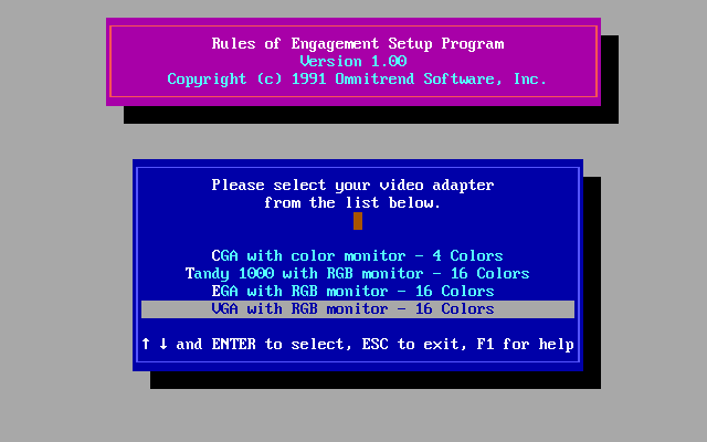 Rules of Engagement (DOS) screenshot: Graphics mode selection