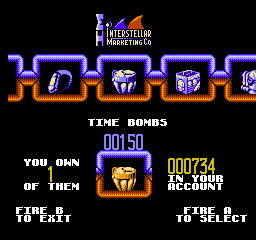 Solar Jetman: Hunt for the Golden Warpship (NES) screenshot: Between planets you can restock and purchase new weapons based on the goodies you've collected (i.e. score)